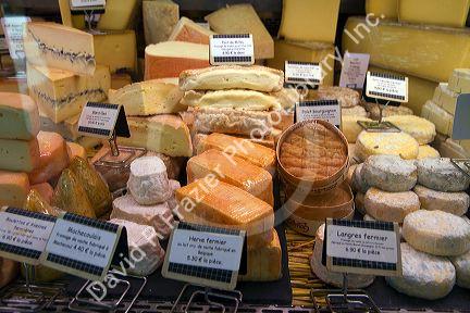 Large display of cheese in a Basque market at Saint-Jean-de-Luz in the Basque province of Labourd, southwestern France.
