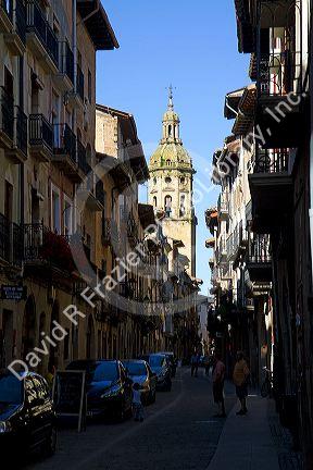 Bell tower of the Church of Santiago el Mayor at Puente La Reina a Basque town along the Way of St. James pilgrimage route, Navarra, Spain.