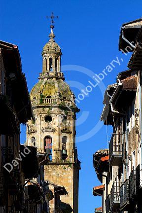 Bell tower of the Church of Santiago el Mayor at Puente La Reina a Basque town along the Way of St. James pilgrimage route, Navarra, Spain.