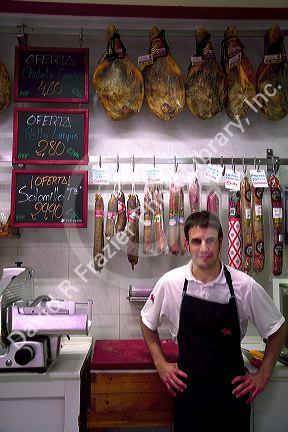 Butcher shop at Puente La Reina a Basque town along the Way of St. James pilgrimage route, Navarra, Spain.