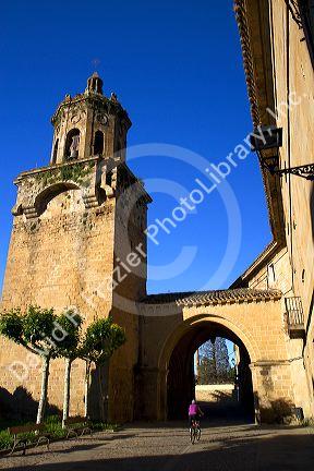Bell tower of the Church of Santiago el Mayor at Puente La Reina a Basque town along the Way of St. James pilgrimage route, Navarra, Spain.