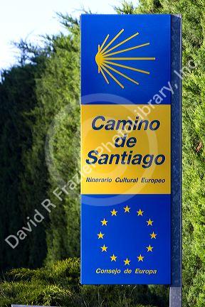 Marker along the Camino De Santiago, the Way of St. James pilgrimage route, Navarra, Spain.