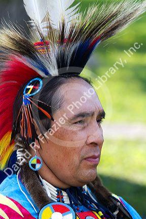 Blackfoot indian in traditional dress at the Blackfoot Arts and Heritage Festival at Waterton Park townsite in Waterton Lakes National Park, Alberta, Canada. MR
