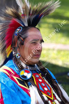 Blackfoot indian in traditional dress at the Blackfoot Arts and Heritage Festival at Waterton Park townsite in Waterton Lakes National Park, Alberta, Canada. MR
