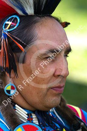 Blackfoot indian in traditional dress at the Blackfoot Arts and Heritage Festival at Waterton Park townsite in Waterton Lakes National Park, Alberta, Canada. MR