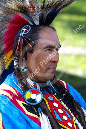 Blackfoot indian in traditional dress at the Blackfoot Arts and Heritage Festival at Waterton Park townsite in Waterton Lakes National Park, Alberta, Canada. MR