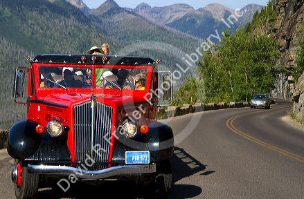 Red Jammer bus on the Going-to-the-Sun Road in Glacier National Park, Montana, USA.