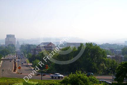 Smoke filled air from a nearby wildfire settles over Boise, Idaho, USA.