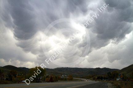 Mammatus clouds telling of an extreme weather system near Horseshoe Bend, Idaho, USA.