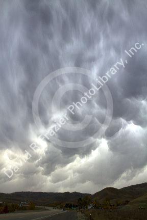 Mammatus clouds telling of an extreme weather system near Horseshoe Bend, Idaho, USA.