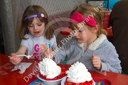 Sisters eating strawberry shortcake at Parksdale Farm in Plant City, Florida, USA. MR
