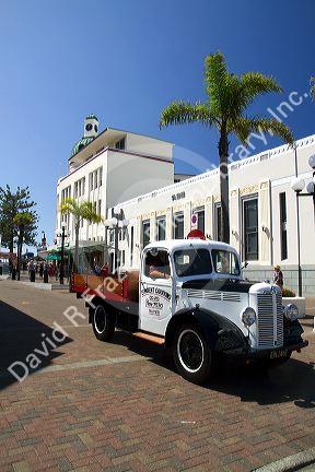 Vintage truck in front of the T & G art deco building at Napier in the Hawke's Bay Region, North Island, New Zealand.