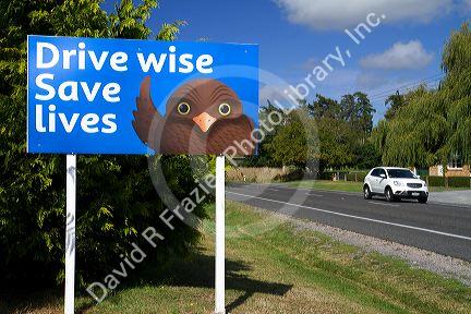 Highway traffic safety sign in the Taupo District, Waikato Region, North Island, New Zealand.
