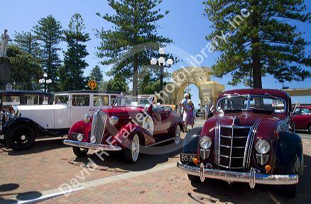 Vintage cars on display during the Tremains Art Deco Weekend at Napier in the Hawke's Bay Region, North Island, New Zealand.