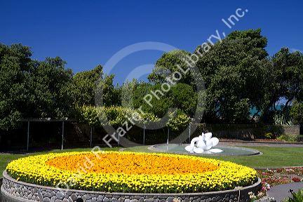 Round flower display and public art along the Marine Parade at Napier in the Hawke's Bay Region, North Island, New Zealand.