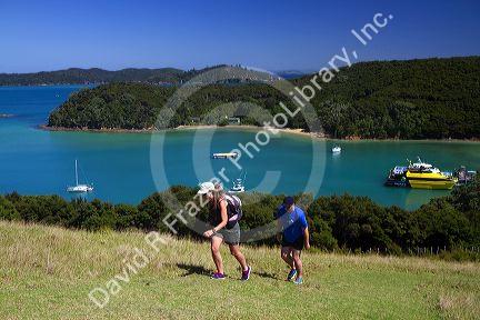 Hikers and view of Bay of Islands in the Northland Region, North Island, New Zealand.