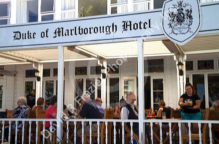 Patio dining at a restaurant in the waterfront town of Russell on the Bay of Islands, North Island, New Zealand.