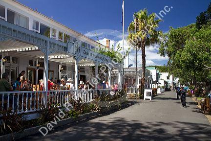 Patio dining at a restaurant in the waterfront town of Russell on the Bay of Islands, North Island, New Zealand.