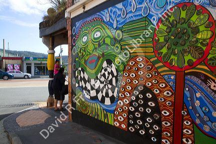 Mural painted on the Kawakawa Memorial Library building at the town of Kawakawa, North Island, New Zealand.