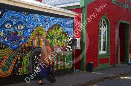 Mural painted on the Kawakawa Memorial Library building at the town of Kawakawa, North Island, New Zealand.