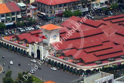 Aerial view of the Ben Thanh Market in Ho Chi Minh City from the Bitexco Financial Tower, Vietnam.