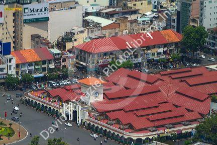 Aerial view of the Ben Thanh Market in Ho Chi Minh City from the Bitexco Financial Tower, Vietnam.