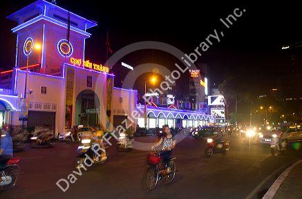 Night view of the Ben Thanh Market in Ho Chi Minh City from the Bitexco Financial Tower, Vietnam.