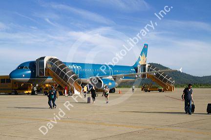 Vietnam Airlines airbus at the Lien Khuong Airport in Central Highlands region of Vietnam.