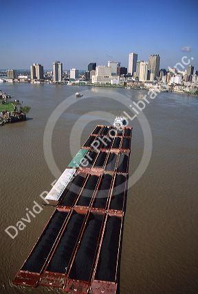 Mississippi River barges loaded with coal at New Orleans, Louisiana.