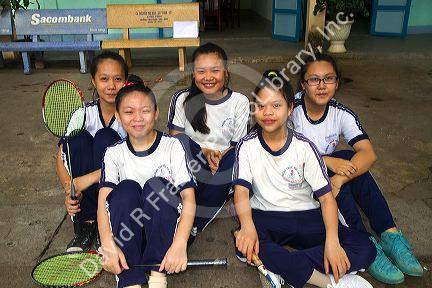 Vietnamese elementary school students wearing uniforms in Nha Trang, Vietnam.