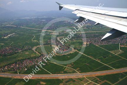 Aerial view of the countryside and housing near Hanoi, Vietnam.