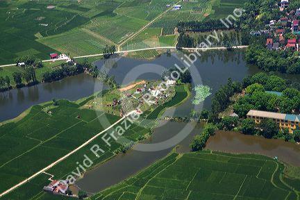 Aerial view of the countryside and housing near Hanoi, Vietnam.