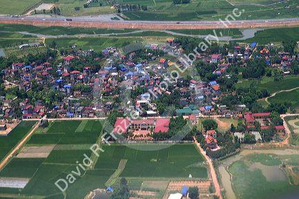 Aerial view of the countryside and housing near Hanoi, Vietnam.