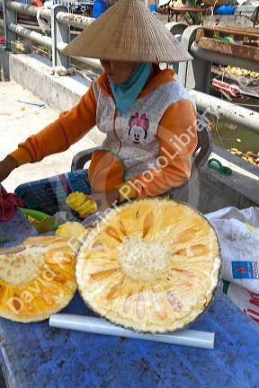Durian fruit vendor in Ho Chi Minh City, Vietnam.