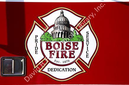Boise fire department emblem on the door of a fire engine in Boise, Idaho, USA.