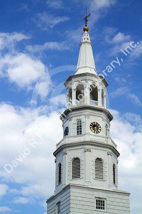 The steeple of St. Michael's Episcopal Church in Charleston, South Carolina, USA.