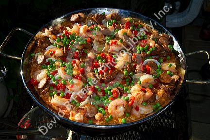 Pan of spanish style paella in Boise, Idaho, USA.