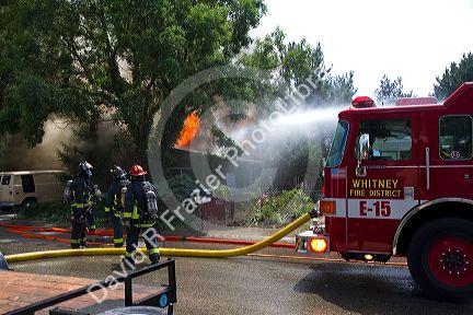 Firefighters respond to a structure fire in Boise, Idaho, USA.