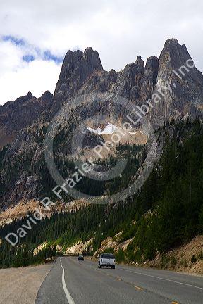 State Route 20 and Liberty Bell Mountain at Washington Pass in the northern Cascade Mountains, Washington, USA.