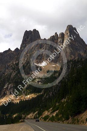 State Route 20 and Liberty Bell Mountain at Washington Pass in the northern Cascade Mountains, Washington, USA.