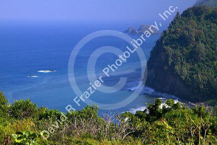 Overlook of the Pacific Ocean and a black sand beach at Pololu Valley on the east coast of Kohala Mountain on the Big Island of Hawaii, USA.