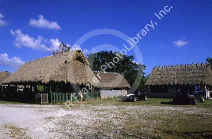 A seminole Miccosukee Indian village with chopekcheke traditional thatched roof dwellings in Florida.