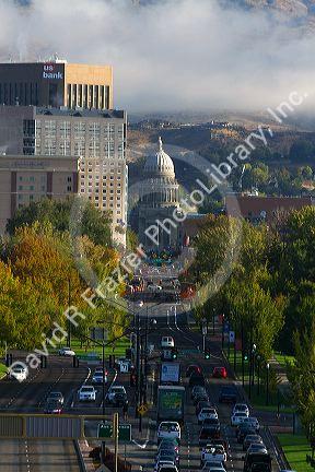 View of capital boulevard and the Idaho state capitol building on a misty morning in downtown Boise, Idaho, USA.