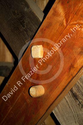 Close up of wooden peg town lattice construction of a covered bridge in Vermont, USA.