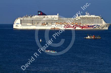 The Pride of America cruise ship at anchor off the coast at Kailua-Kona on the Big Island of Hawaii, USA.