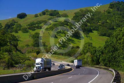 Green rolling hills along highway 152 near Hollister, California, USA.