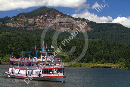 Sternwheeler Columbia Gorge giving a sightseeing cruise on the Columbia River at Cascade Locks, Oregon, USA.