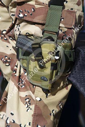 Holstered firearm at a second amendment gun rally on the steps of the Idaho State Capital Building in Boise, Idaho, USA.