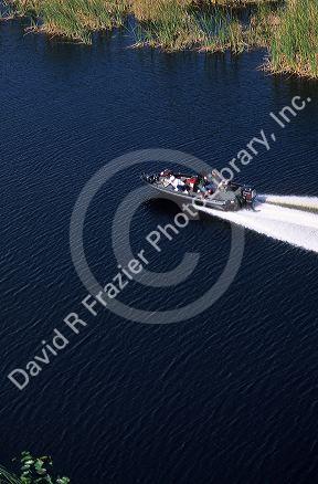 Aerial view of a bass fishing boat in the Florida Everglades.