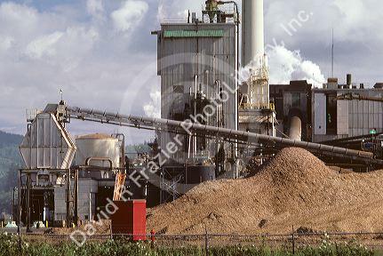 Georgia Pacific paper mill in Newport, Oregon with wood chips piled outside.